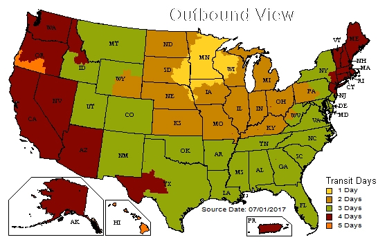 UPS Shipping Map from Pipestone, MN