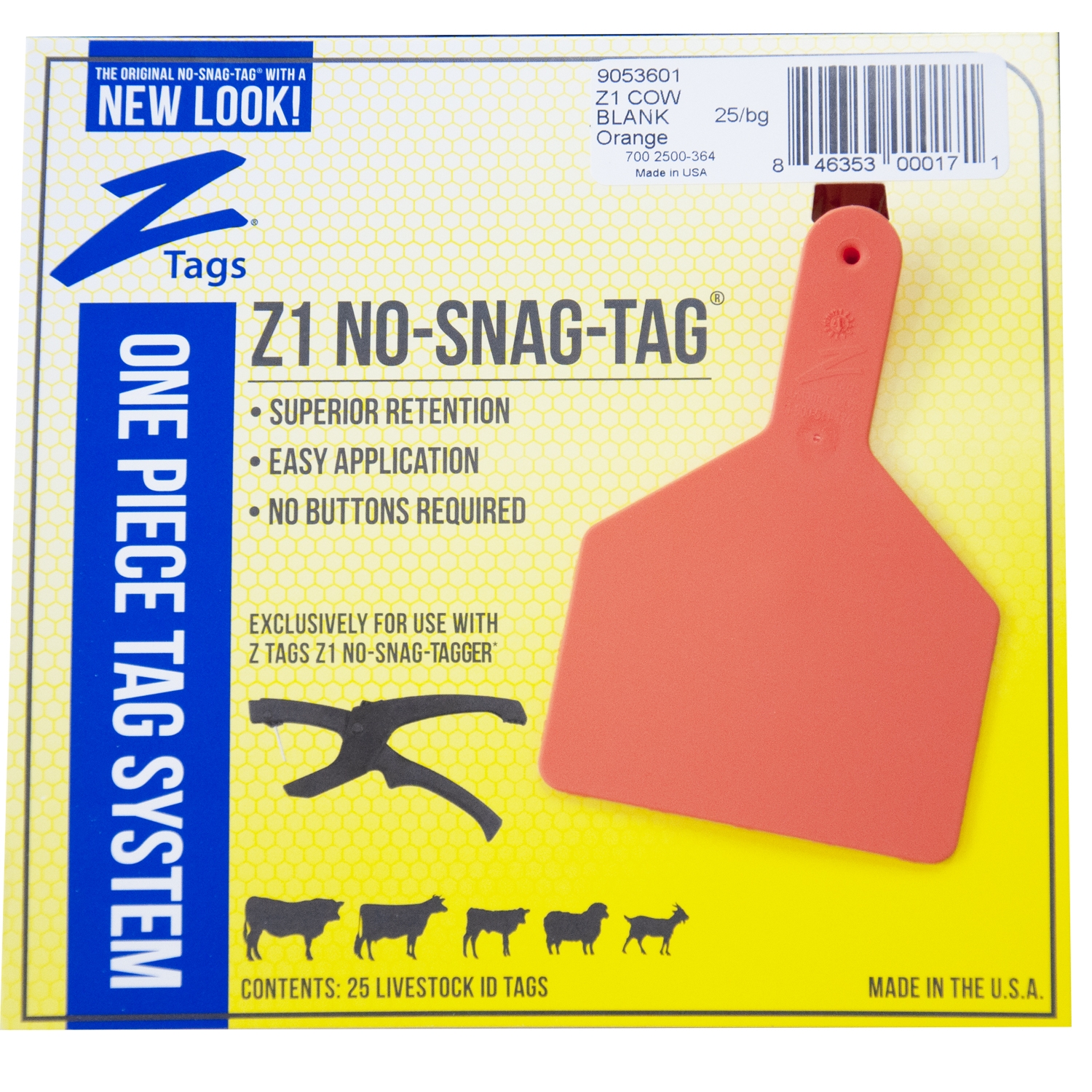 Z-TAG COW TAG ONE PIECE 3" W x 4-1/2" H Hot-Stamped Ear Tags #1-25 YELLOW 25ct 
